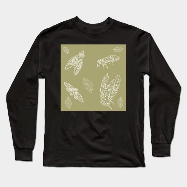 White and Sage Cicada Leaves Pattern Long Sleeve T-Shirt by TrapperWeasel